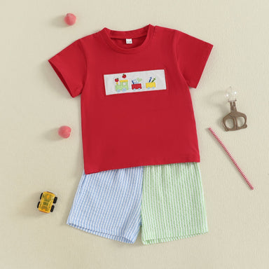 Schooltrain Zomerset Jongens | Rood T-shirt met Treinprint & Gestreepte Short | Katoen & Polyester | 2–6 Jaar | Zomerspeelkleding More For Mini
