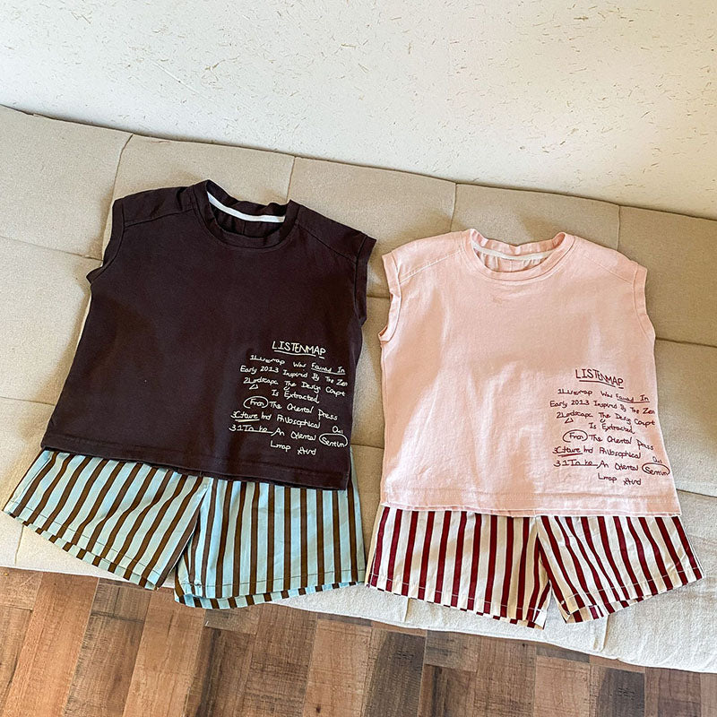 Sommarklädset med Randiga Shorts + T-shirt – Tula Unisex, Rosa/Brun, Bomull, Storlek 0–8 år More For Mini