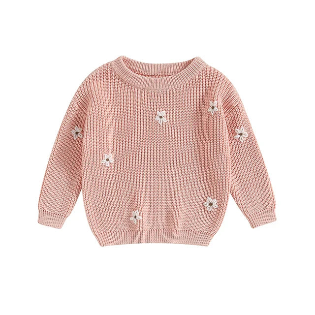 Gebreide Trui met Bloemen – Meisjes, Beige/Groen/Grijs/Paars/Roze, Katoen, Maat 0-6 Jaar-More For Mini