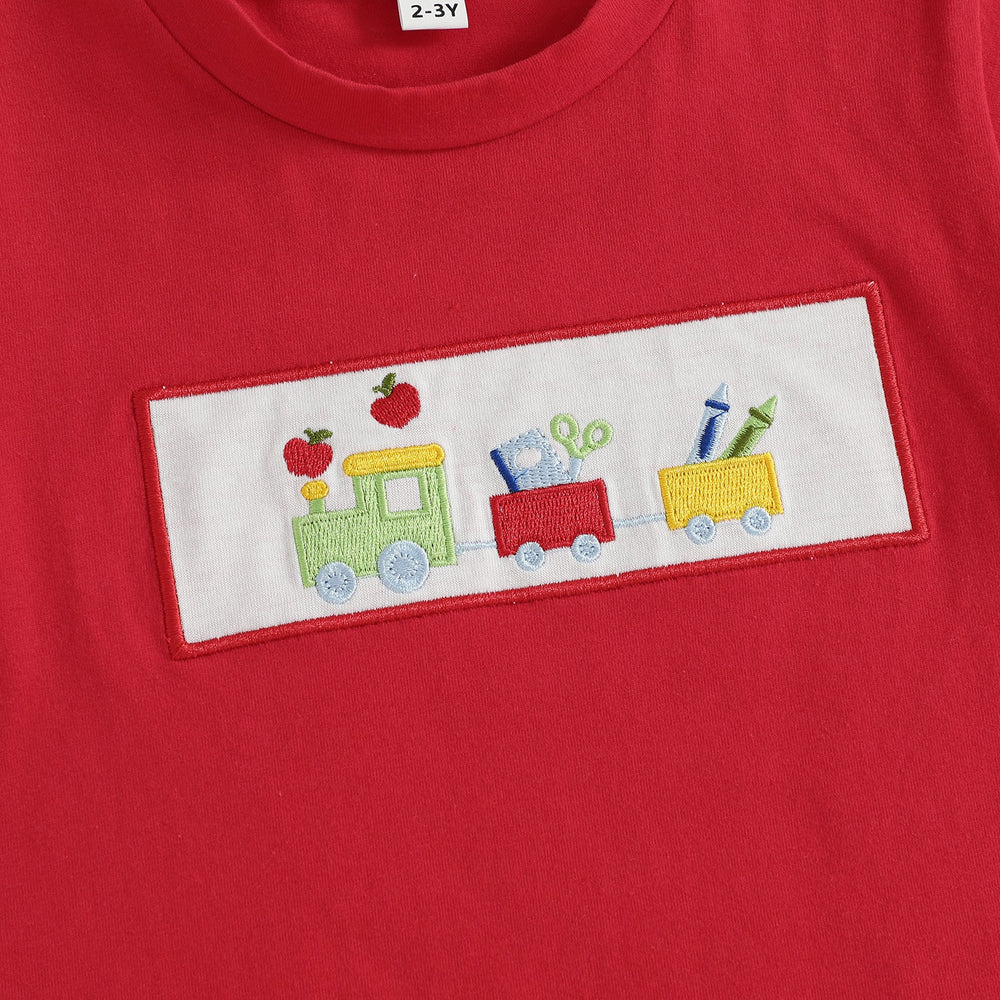 Schooltrain Zomerset Jongens | Rood T-shirt met Treinprint & Gestreepte Short | Katoen & Polyester | 2–6 Jaar | Zomerspeelkleding More For Mini