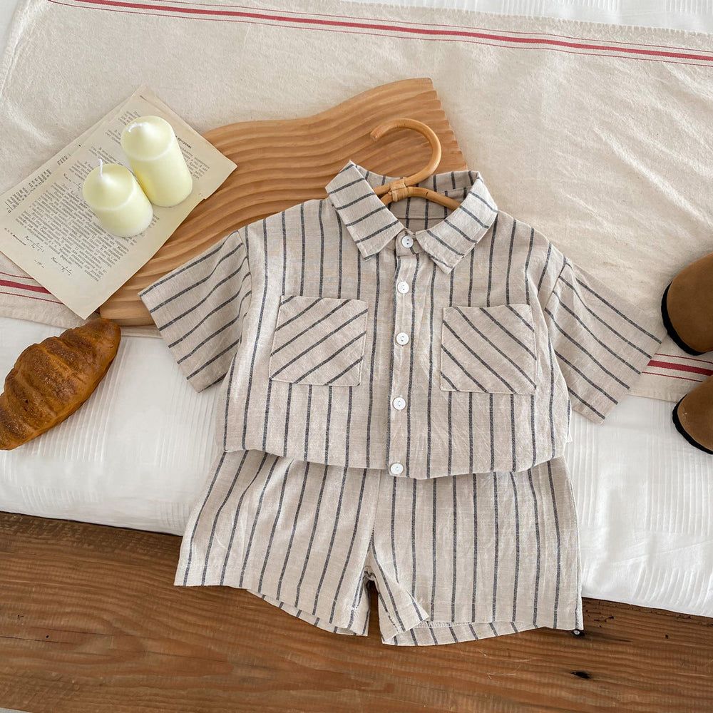 Sommerset med kortbyxor och skjorta – Randigt linneset för pojkar, Beige, Bomull, Storlek 0–5 år More For Mini