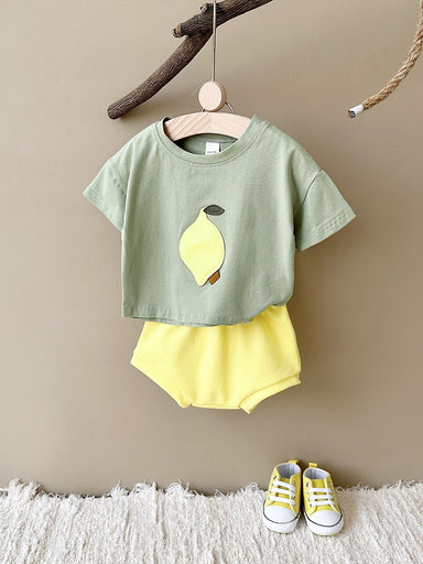 Sommarklädset T-shirt med Citron + Shorts Jogging – Baby, Småbarn, Förskolebarn, Grön/Gul, Bomull, Storlek 0–3 år More For Mini