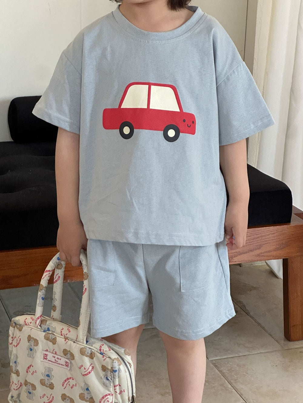 T-shirt och Shorts Sommarset – VroomVibes Unisex, Blå/Beige, Bomull, Storlek 0–8 år More For Mini