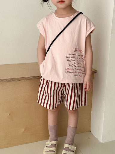 Sommarklädset med Randiga Shorts + T-shirt – Tula Unisex, Rosa/Brun, Bomull, Storlek 0–8 år More For Mini