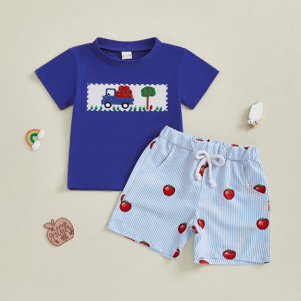 AppleTruck Zomerset Jongens | T-shirt met Appeltruck & Gestreepte Short | Katoen & Polyester | 6mnd–4jr | Blauw & Rood More For Mini