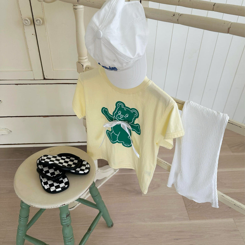 Lunoe Teddie Baby T-shirt – Teddybjörntryck & Satinsnöre | 100% bomull – Storlek 0–3 år More For Mini