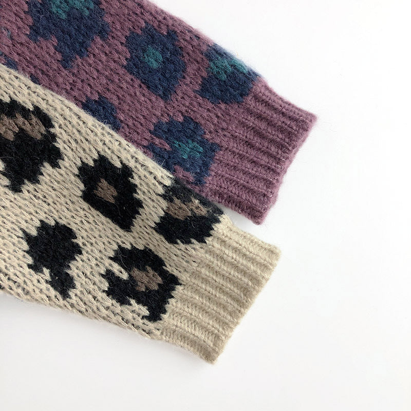 Gebreid Vest met Luipaard print - Meisjes, Beige/Paars, Katoen, Maat 0-6 Jaar-More For Mini