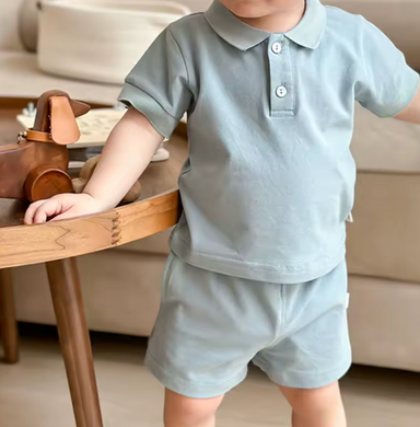 Sommerset med pikétröja och kortbyxor – Beau Pojkar, Blå/Beige/Grön, Bomull, Storlek 0–5 år More For Mini