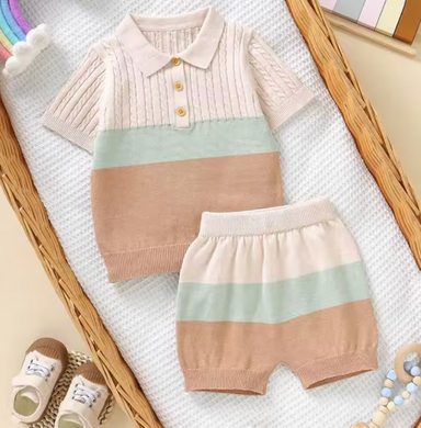 Lumi Petit Stickat Polo-set – Stickat Baby Sommarset 0–2 år – Grön/Blå/Rosa – Unisex & Bekvämt MoreForMini