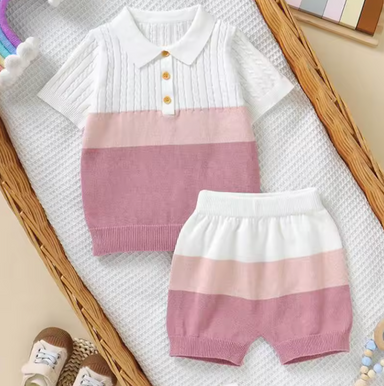Lumi Petit Stickat Polo-set – Stickat Baby Sommarset 0–2 år – Grön/Blå/Rosa – Unisex & Bekvämt MoreForMini