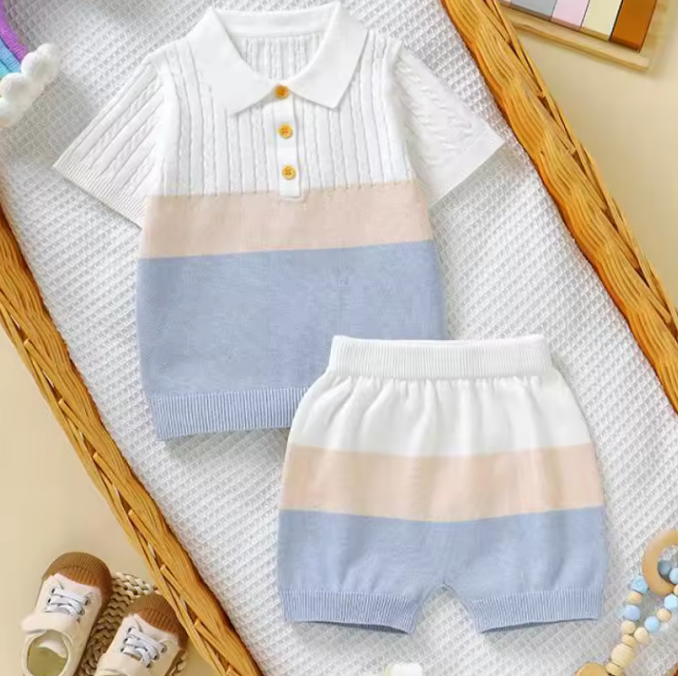 Lumi Petit Stickat Polo-set – Stickat Baby Sommarset 0–2 år – Grön/Blå/Rosa – Unisex & Bekvämt MoreForMini