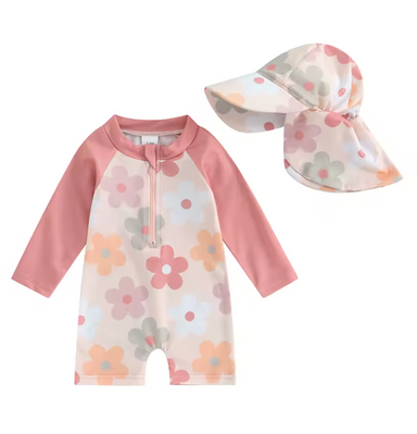 Bloomix Daisy Dream UV-baddräktsset – Babybaddräkt + Hatt – Blommönster – UPF50+ skydd – 0–3 år More For Mini
