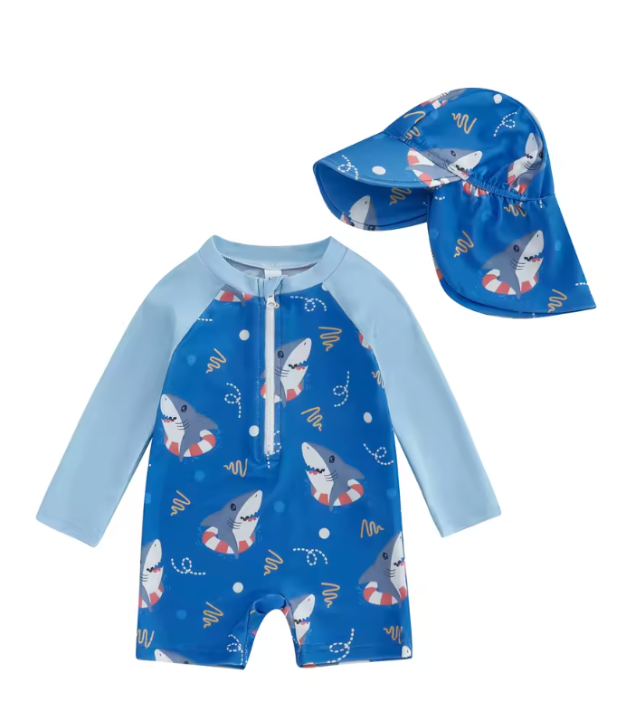 Finfin UV-baddräkt för baby och småbarn – Hajmönstrad baddräkt med solskärm (0–5 år) – UPF50+ solskydd More For Mini