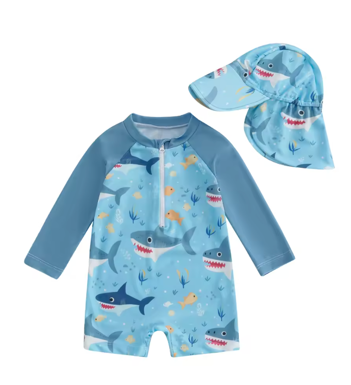 Finfin UV-baddräkt för baby och småbarn – Hajmönstrad baddräkt med solskärm (0–5 år) – UPF50+ solskydd More For Mini