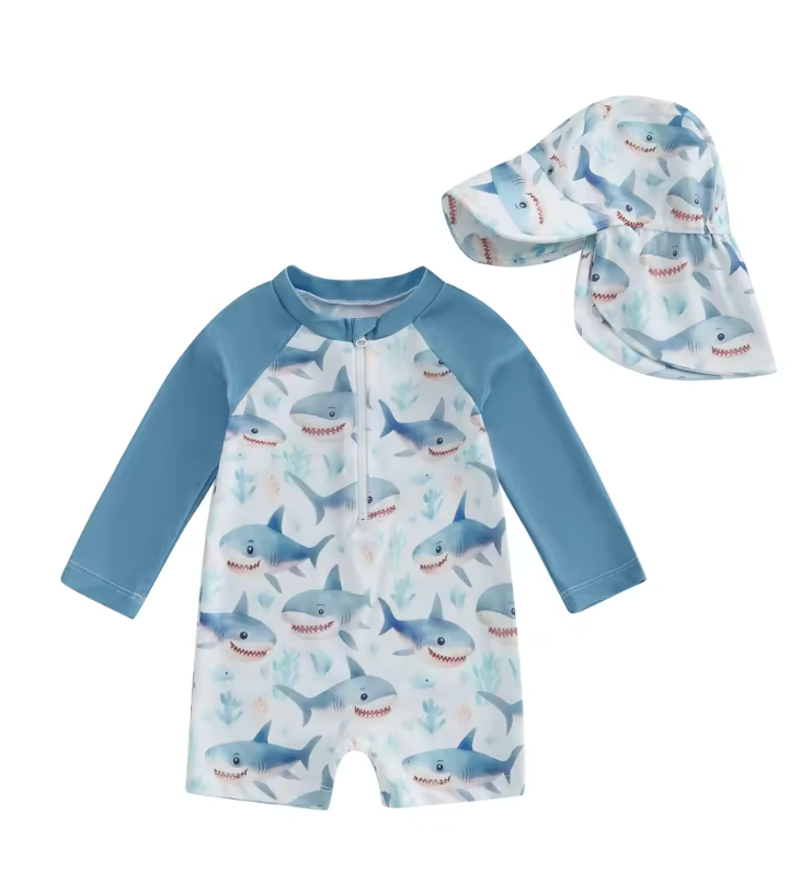 Finfin UV-baddräkt för baby och småbarn – Hajmönstrad baddräkt med solskärm (0–5 år) – UPF50+ solskydd More For Mini