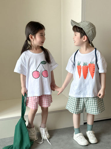 Frubino Frukt & Grönt Set – Sommarklädeset Baby/Småbarn/Barn 0–9 år – T-shirt + Rutiga Shorts – 100 % Bomull – Unisex – Fruktmotiv More For Mini