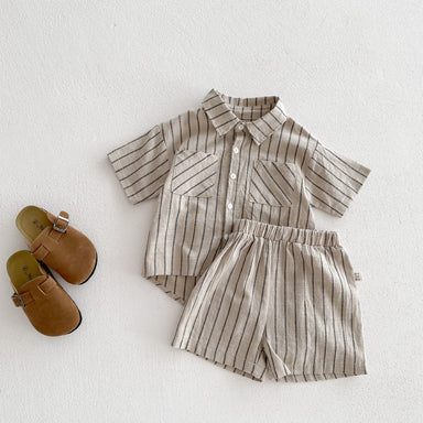 Sommerset med kortbyxor och skjorta – Randigt linneset för pojkar, Beige, Bomull, Storlek 0–5 år More For Mini