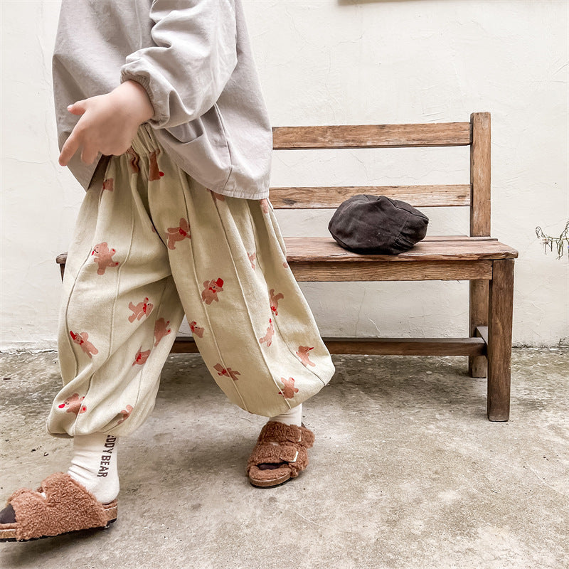 Baggybyxa med Björntryck – Bamboo Bear Unisex, Beige/Grå, Bomull, Storlek 0–6 år More For Mini