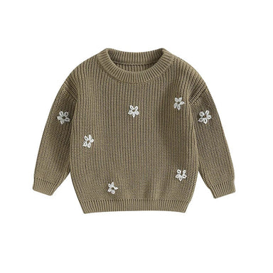 Gebreide Trui met Bloemen – Meisjes, Beige/Groen/Grijs/Paars/Roze, Katoen, Maat 0-6 Jaar-More For Mini