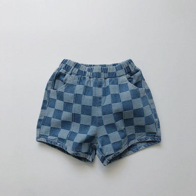 Nolu Checker Shorts – Rutiga Barnshorts Blå – Unisex Sommarshorts i Bomull – Resårmidja – Storlek 0–6 år More For Mini