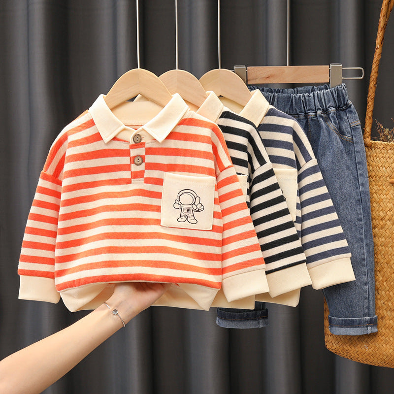 Set med Randig Tröja och Jeans – Astronaut Little Voyager Pojkar, Röd/Blå/Svart, Bomull, Storlek 0–5 år More For Mini