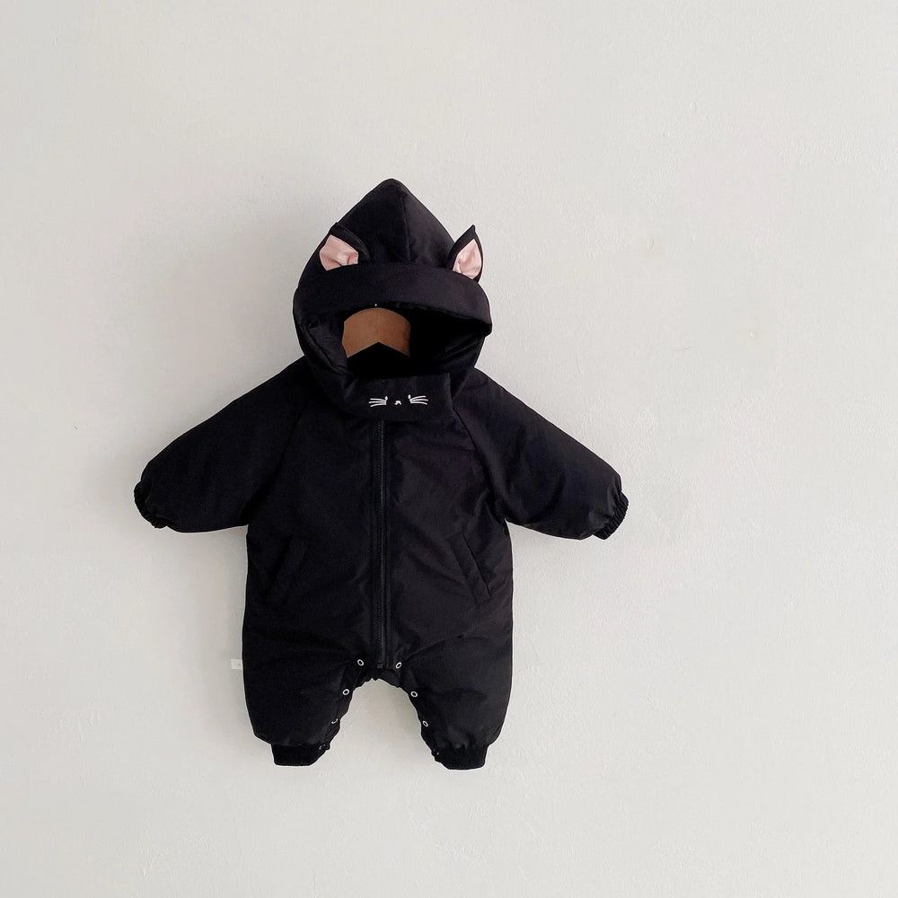 Jumpsuit/Overall Jas met Capuchon - Kat Baby, Beige/Zwart, Polyester, Maat 0-2 Jaar-More For Mini