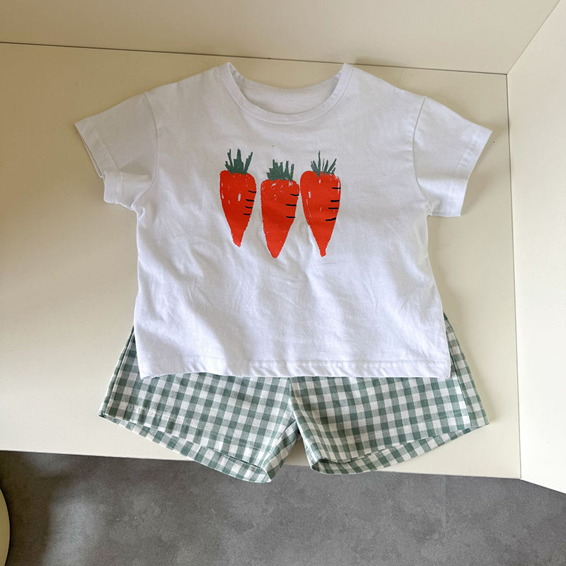 Frubino Frukt & Grönt Set – Sommarklädeset Baby/Småbarn/Barn 0–9 år – T-shirt + Rutiga Shorts – 100 % Bomull – Unisex – Fruktmotiv More For Mini