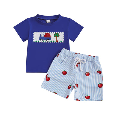 AppleTruck Zomerset Jongens | T-shirt met Appeltruck & Gestreepte Short | Katoen & Polyester | 6mnd–4jr | Blauw & Rood More For Mini