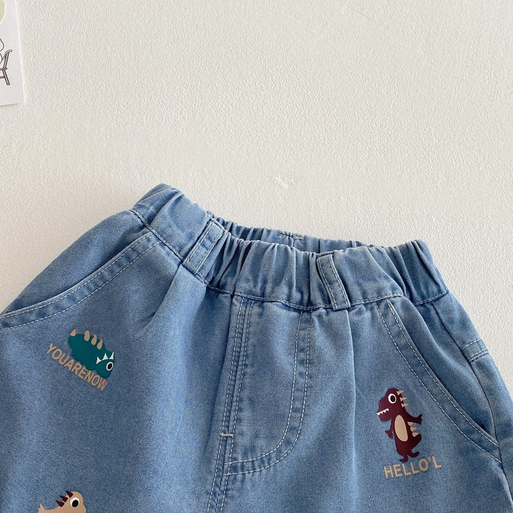 Kort Jeansbyxa med Resår och Dinosaurietryck – Baby, Småbarn, Förskolebarn, Ljusblå, Bomull/Denim, Storlek 0–5 år More For Mini