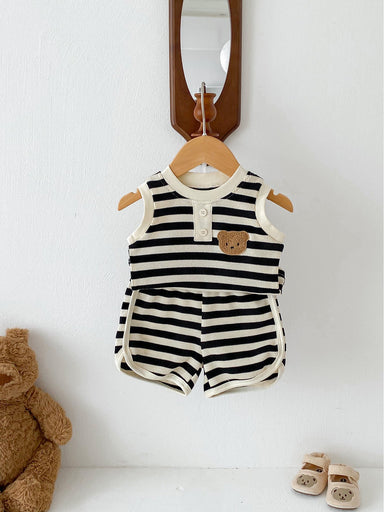 Randigt sommarset med linne och shorts med björn – Baby Småbarn, Brun/Svart/Röd/Grå, Storlek 0–3 år More For Mini