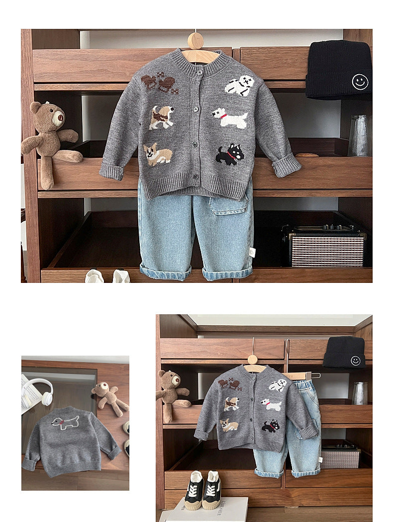 Gebreid Vest met Honden - Puppy Love Unisex, Grijs, Katoen, Maat 0-4 Jaar-More For Mini