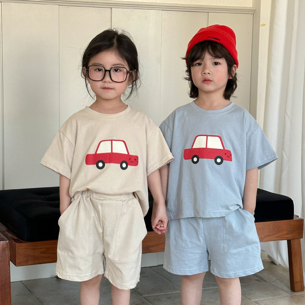 T-shirt och Shorts Sommarset – VroomVibes Unisex, Blå/Beige, Bomull, Storlek 0–8 år More For Mini