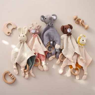 Knuffeldoekje voor Baby met Houten Bijtring en Rammelaar - 100% Katoen | Ideaal voor Doorkomende Tandjes & Comfort More For Mini