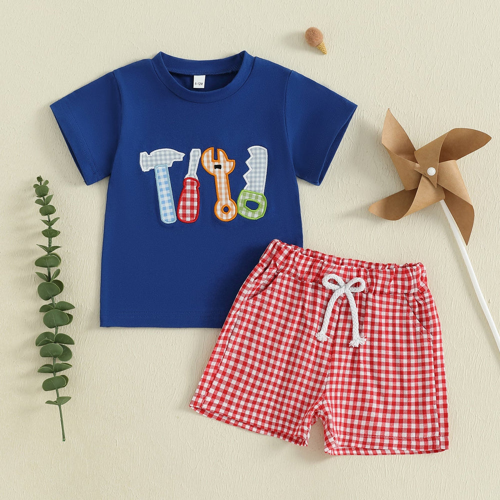 ToolTime Zomerset Jongens | T-shirt met Gereedschap & Ruitjes Short | 6mnd–4jr | Katoen & Polyester | Blauw & Rood More For Mini