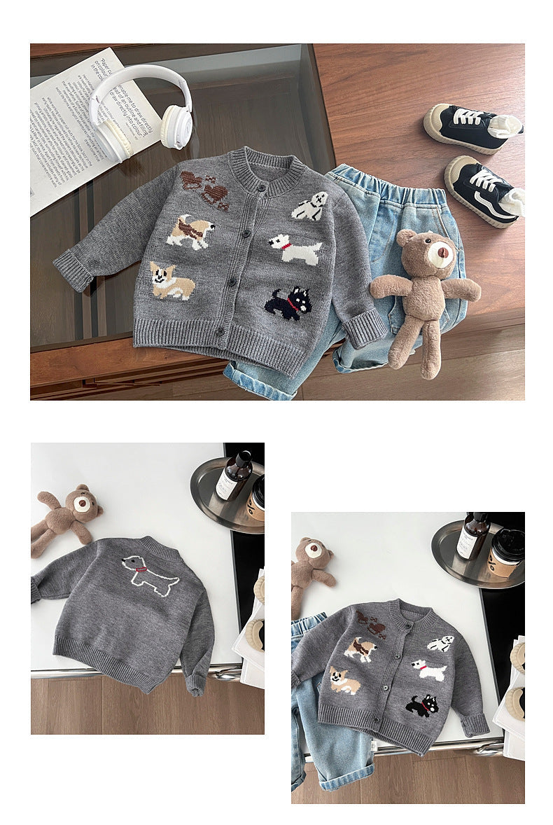Gebreid Vest met Honden - Puppy Love Unisex, Grijs, Katoen, Maat 0-4 Jaar-More For Mini