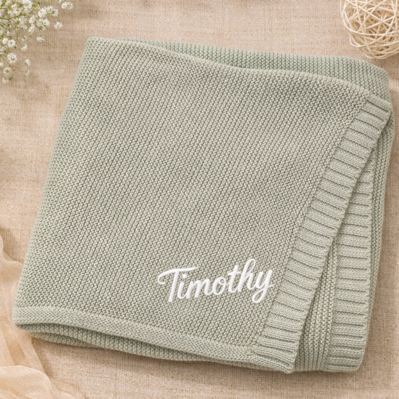 Babyfilt med broderat namn – stickad bomull, ribbad kant, maskintvättbar | personlig babypresent