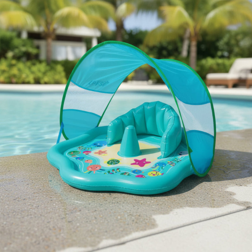 Babypool med Solskydd (UPF 50) – Uppblåsbar Vattenlekpool med Staplingsringar Lilla Lycka