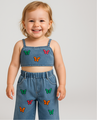 Denim sommarset för flicka – Luftigt bomullset med topp och shorts – Storlek 0–5 år More For Mini