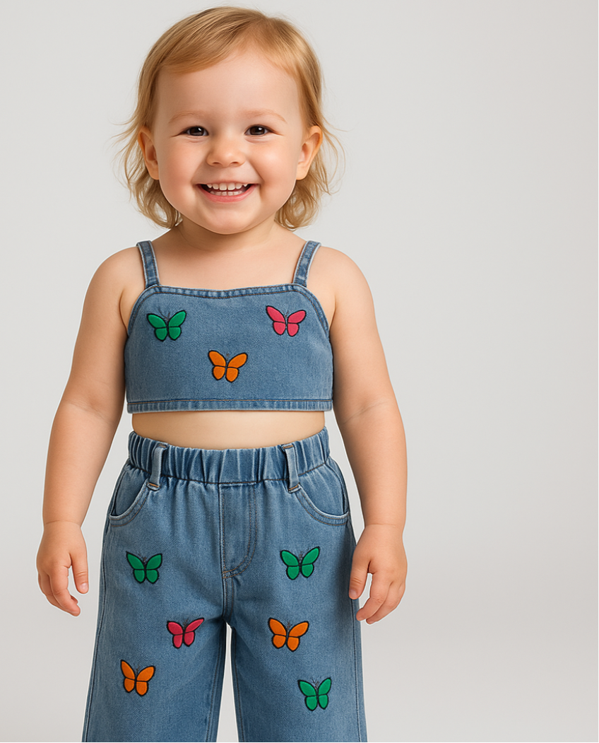 Denim sommarset för flicka – Luftigt bomullset med topp och shorts – Storlek 0–5 år More For Mini
