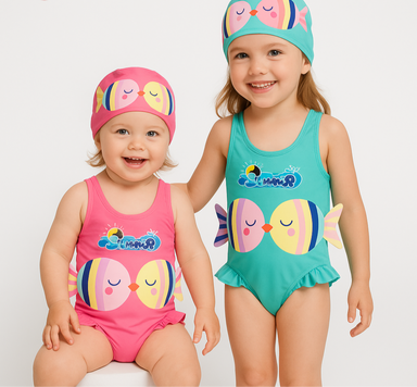 Mjukt & Snabbtorkande Baddräkt för Flickor med Badmössa – Bekväm & Lekfull Design | SunnySplash Badräktset 0–4 År More For Mini