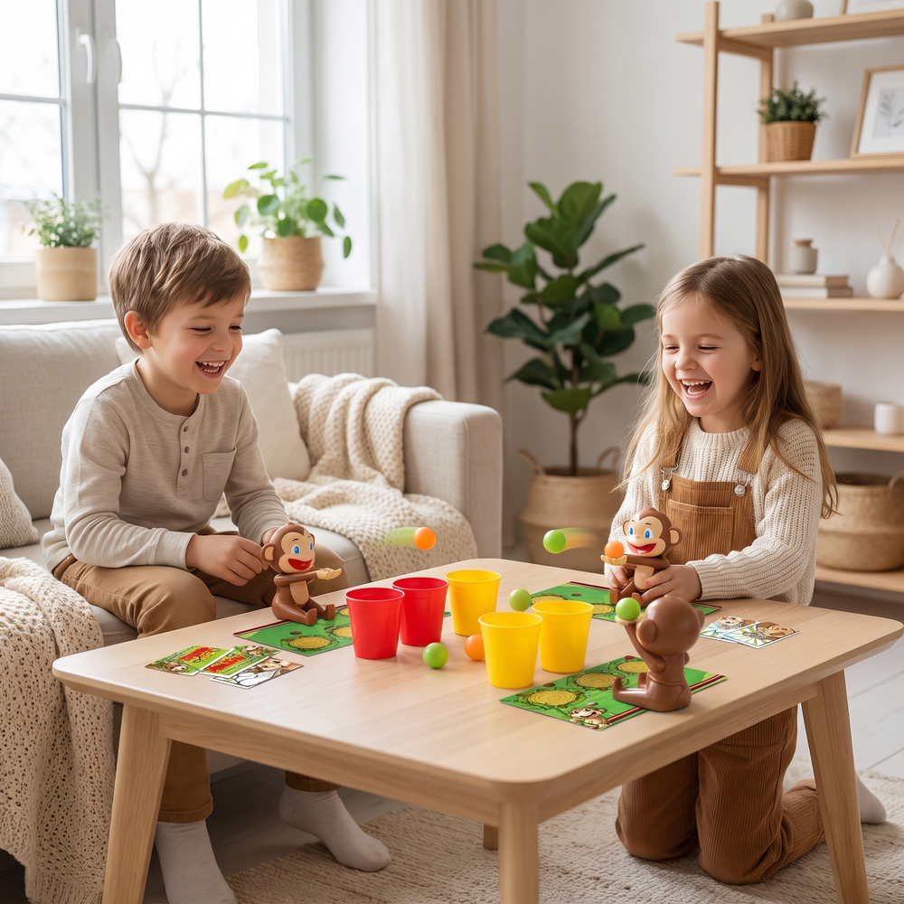 Barn spelar bordkatapult spel i ett ljust skandinaviskt vardagsrum