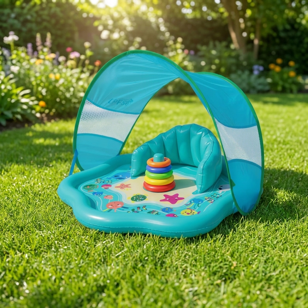 Babypool med Solskydd (UPF 50) – Uppblåsbar Vattenlekpool med Staplingsringar Lilla Lycka