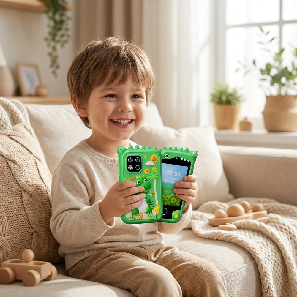 Barnvänlig leksakstelefon dino med dubbelkamera och 8GB SD – för barn 3–10 år Lilla Lycka