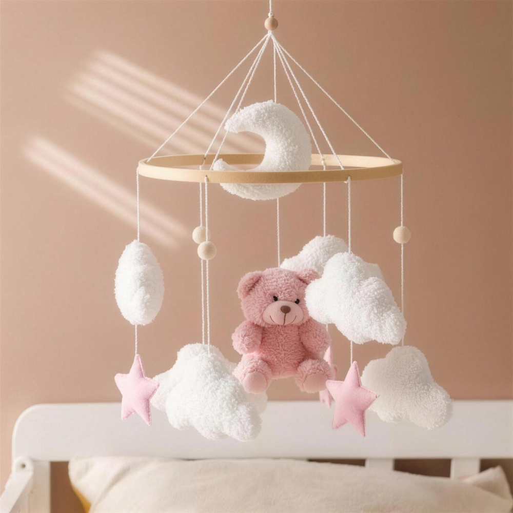 Babymobil med björn – unisex, brun/rosa, bomull