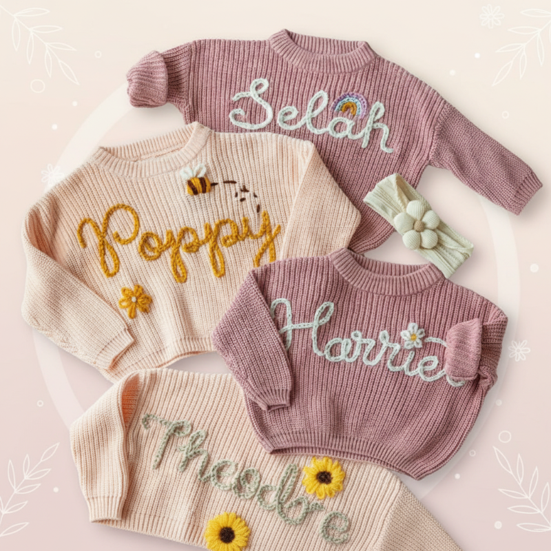 Barntröja med namn och julgranstryck – broderat, bomull, rund hals | jultröja baby