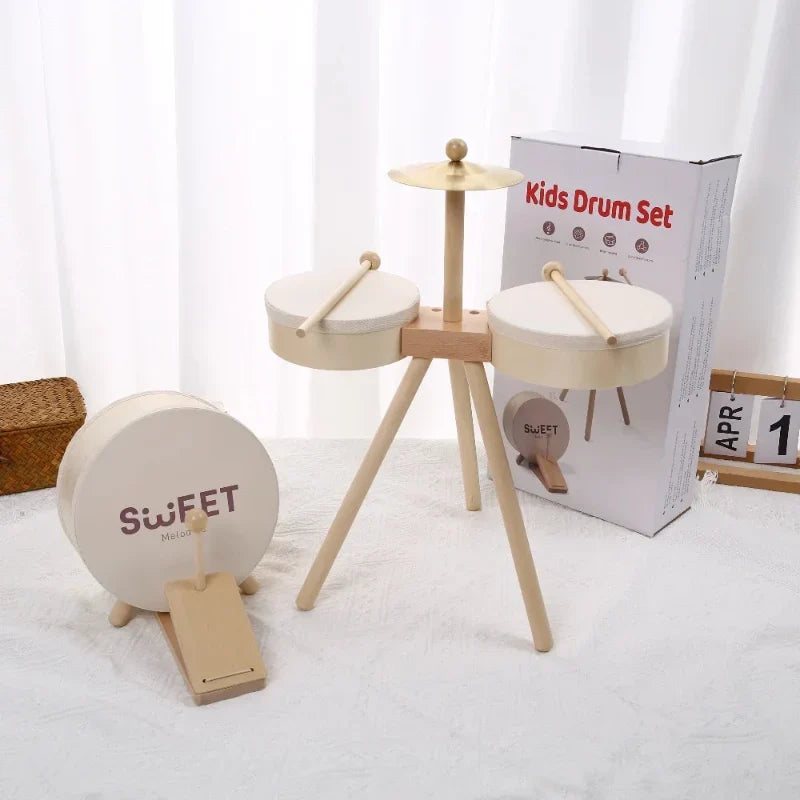 Trumset i trä med cymbal och xylofon – 5 instrument, bokträ | musikleksak