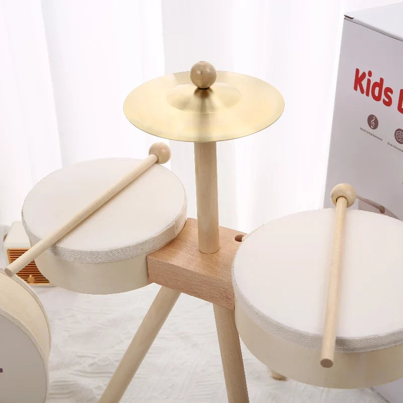 Trumset i trä med cymbal och xylofon – 5 instrument, bokträ | musikleksak