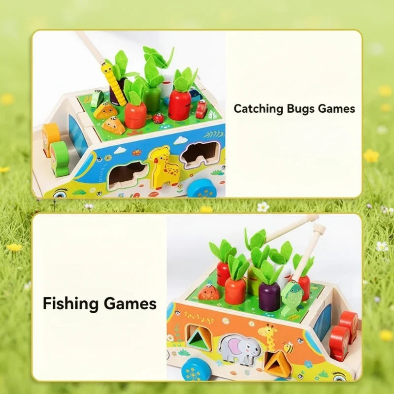 Dragvagn i trä med djurformer, magnetiskt fiskespel och sorteringsklossar, montessori aktivitetsleksak för småbarn