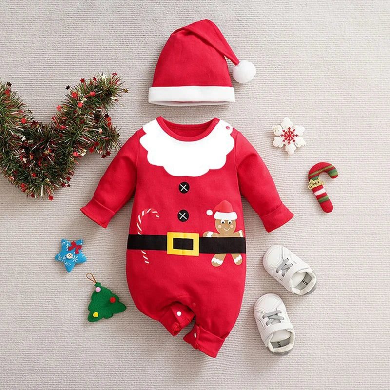 Sparkdräkt jul i bomull med långa ärmar och tryckknappar – tomte- eller renmotiv | juldräkt baby
