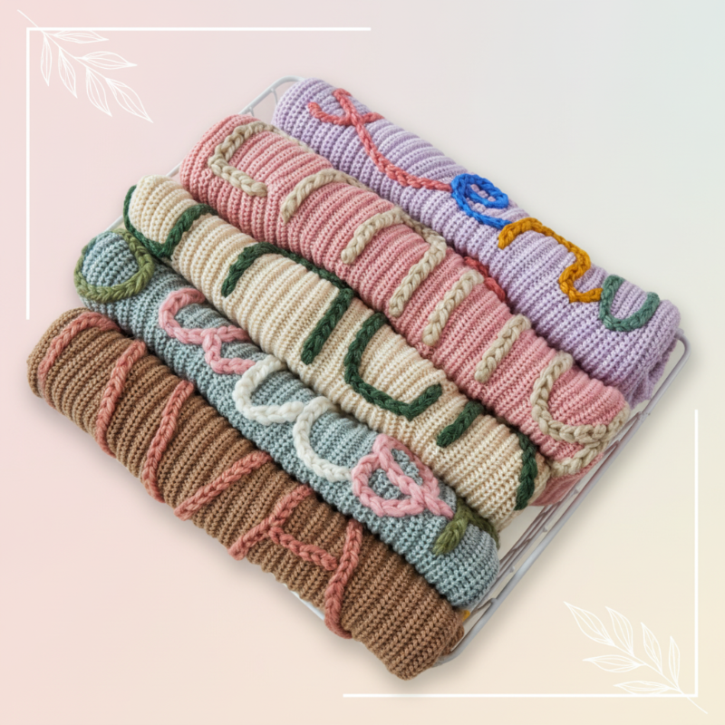Barntröja med namn och julgranstryck – broderat, bomull, rund hals | jultröja baby